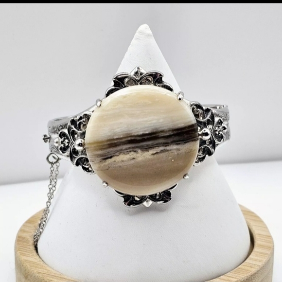 Whiting & Davis Vintage Signed Agate Silver Tone Southwestern Hinge Bracelet - Picture 1 of 11